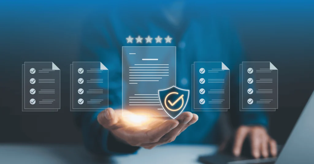 A futuristic image of a person in a business suit presenting a holographic shield symbolizing cybersecurity, surrounded by floating documents with checklists and five-star ratings.