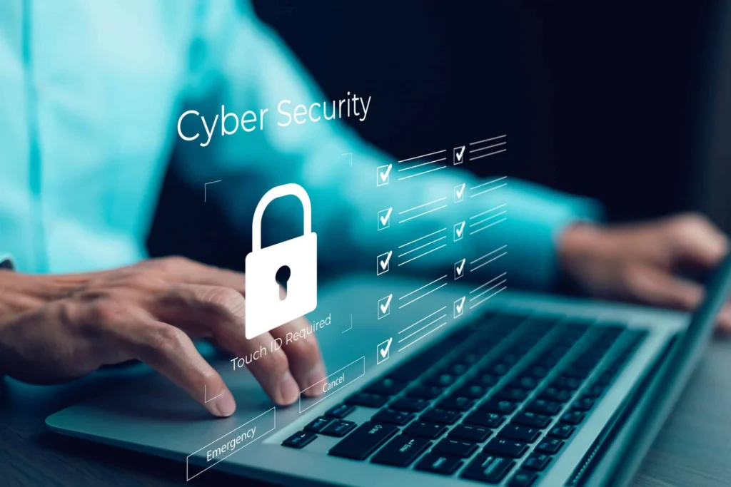 Person typing on a laptop with a digital overlay featuring a padlock icon, "Cyber Security" text, and a checklist, symbolizing data protection and secure technology practices.