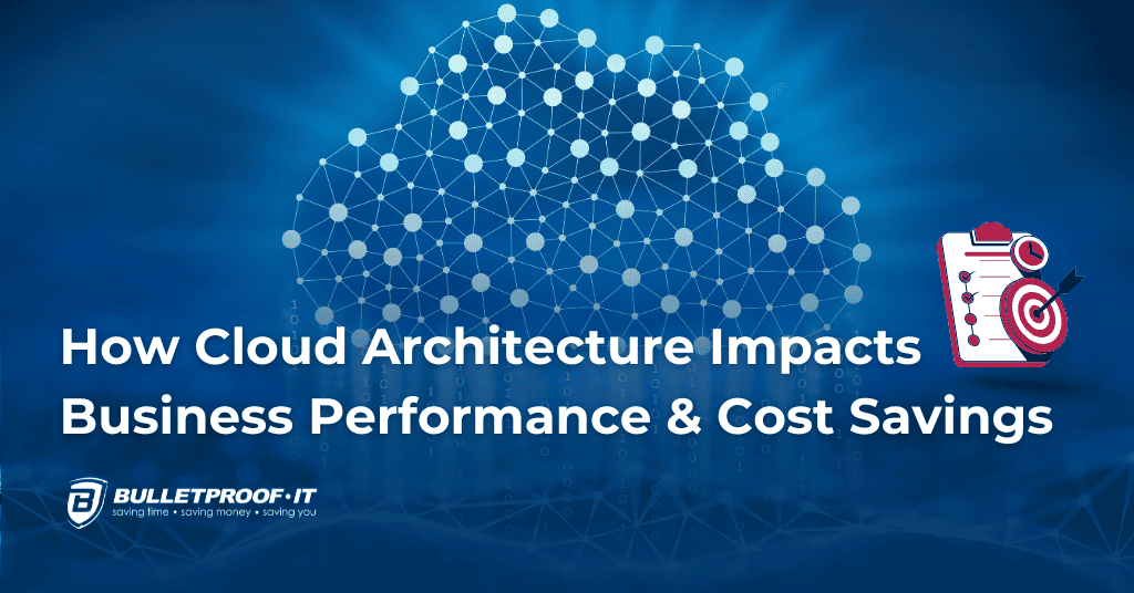 An image with the title of the blog: How Cloud Architecture Impacts Business Performance and Cost Savings, there is a photo that represents the cloud: a blue collection of nodes, lit up bright against a dark background, with the Bulletproof IT logo and an icon that represents an IT consulting checklist.