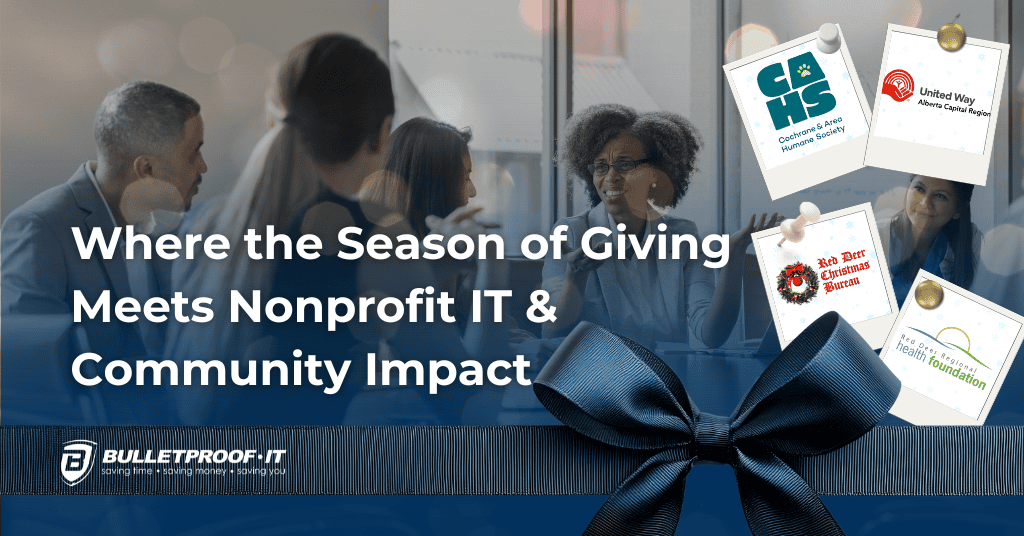 A banner that represents the article. The title of the article is written on it: Where the Season of Giving Meets Nonprofit IT and Community Impact. There is a photo of a group of people in a boardroom. Overlaid on top is a blue ribbon tied like a present, with the logos of various nonprofits.