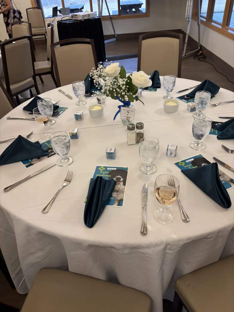 A table set for a party at a nonprofit fundraiser. You can see the centerpieces mentioned in the article.
