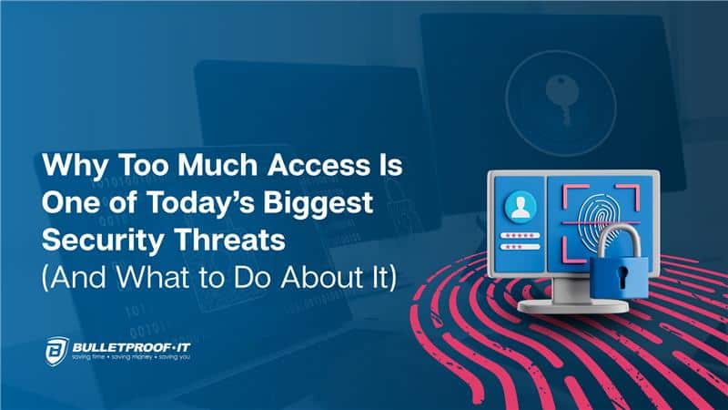 An image representing the blog theme, which is access management and cybersecurity for Calgary businesses. The background is blue with the article title in white: Why Too Much Access Is One of Today’s Biggest Security Threats (And What to Do About It). There is a picture of a computer with a thumbprint representing access.