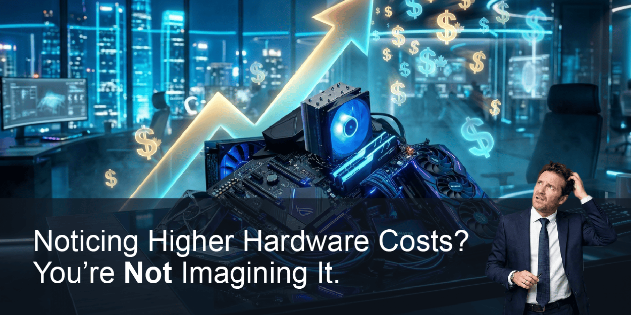 image says "Noticing higher hardware costs? You're not imagining it." There is a photo of man scratching his head as he looks at technology.