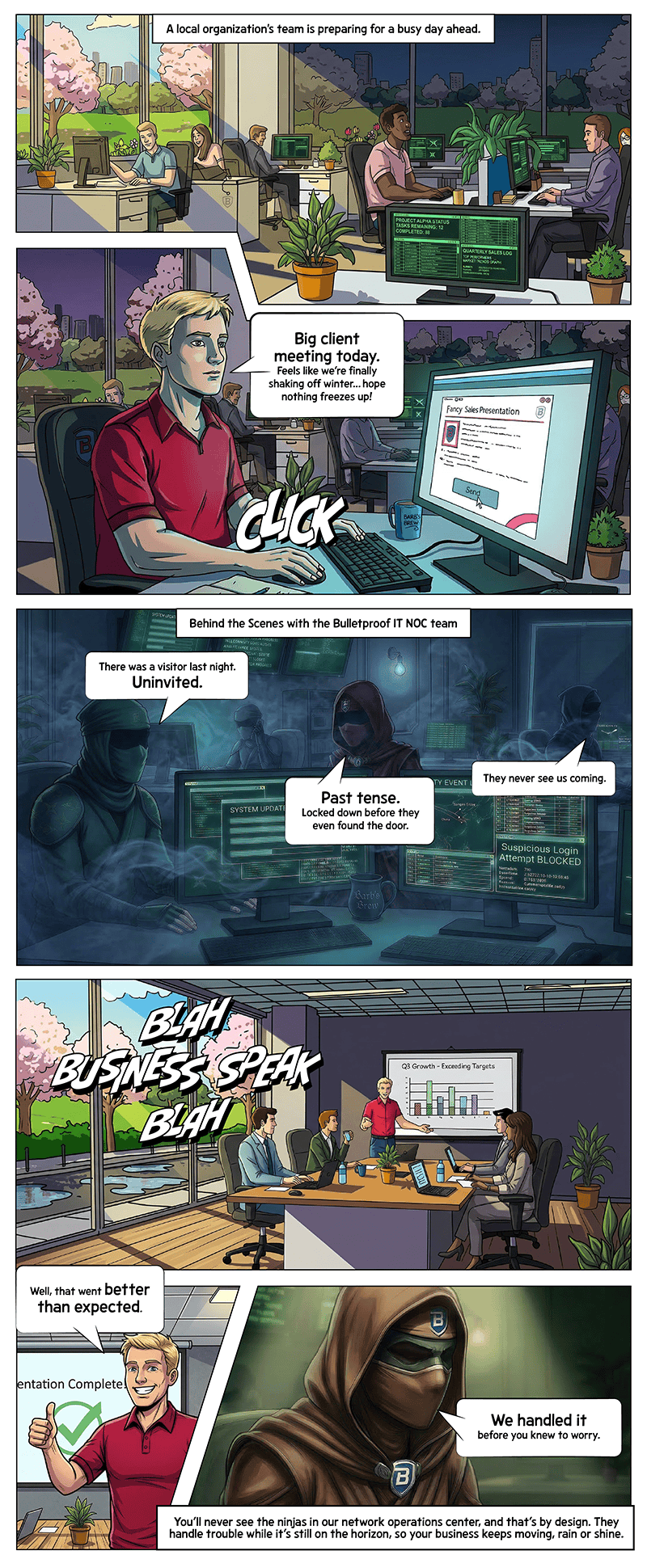 A comic strip telling the story of Bulletproof IT's cybersecurity and network operations center. A busy business is trying to get through a presentation, and the NOC team, hiding in the shadows, undetected, is stopping risks and threats without anyone noticing.